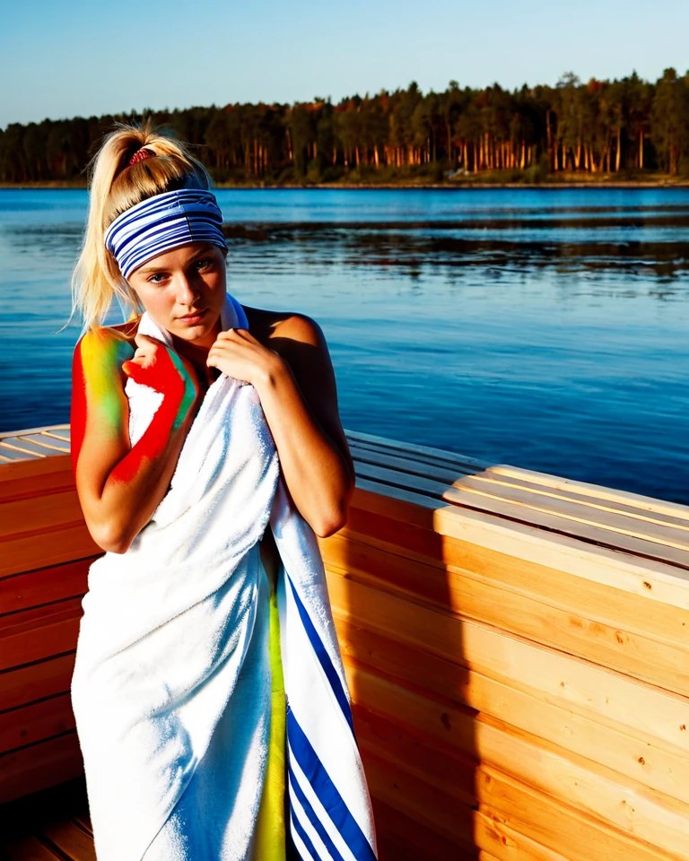 Woman in a towel at a Helsinki sauna with soft light